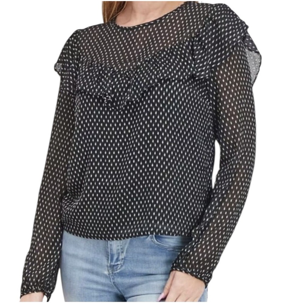 Avec Les Filles Top Women's XL Black Sheer Ruffled Pindot Long Sleeve Lined